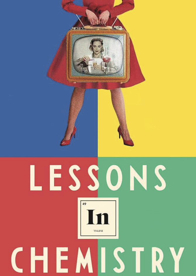 Poster for the show Lessons in Chemistry. It’s a picture of the lower half of a woman, holding an old-fashioned TV set that shows her face on the screen. The title fo the show is below it, with the word “In” stylized like the periodic table element indium.
