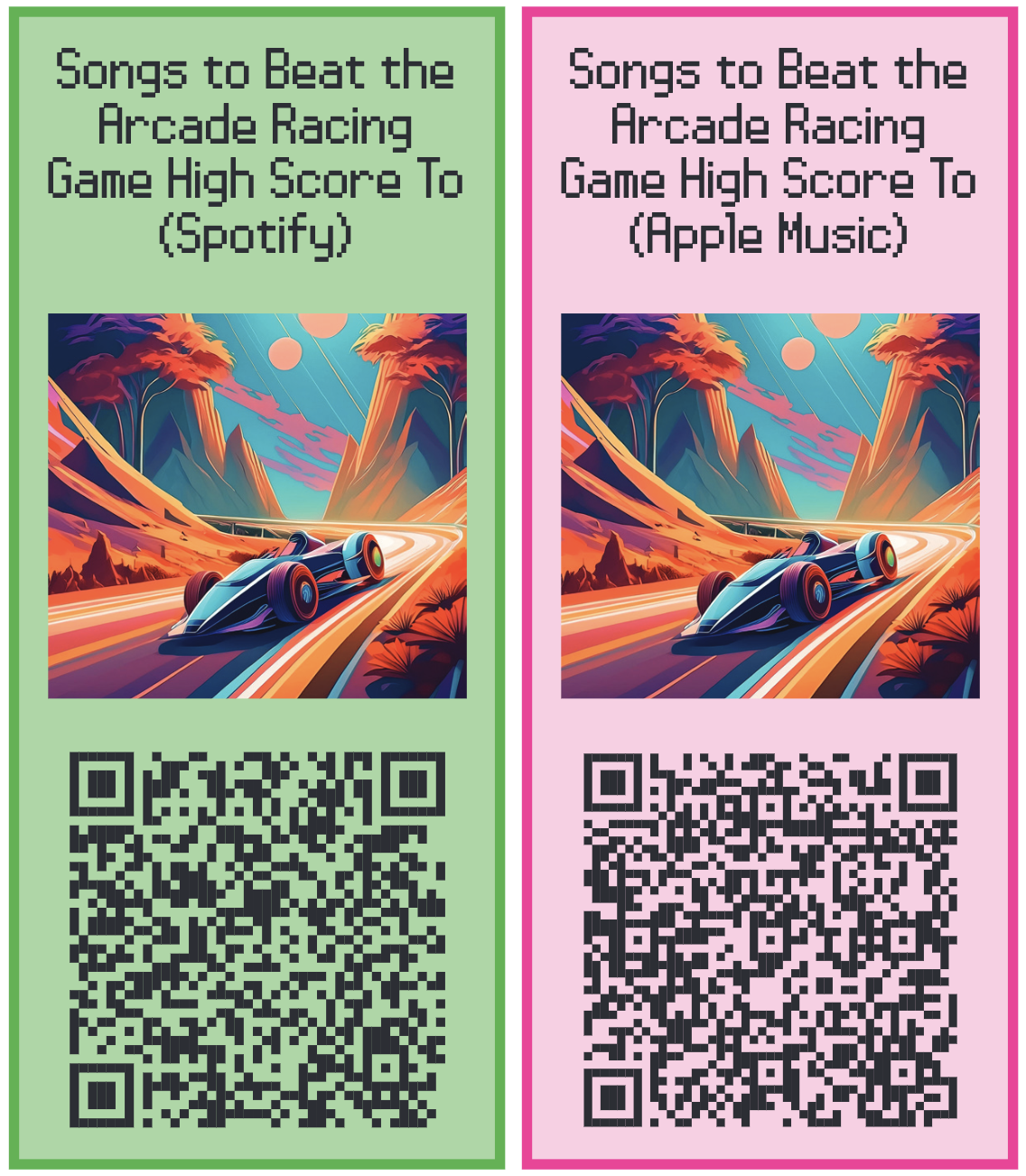 Pictures of two QR codes, which link to the playlist in Spotify and Apple Music