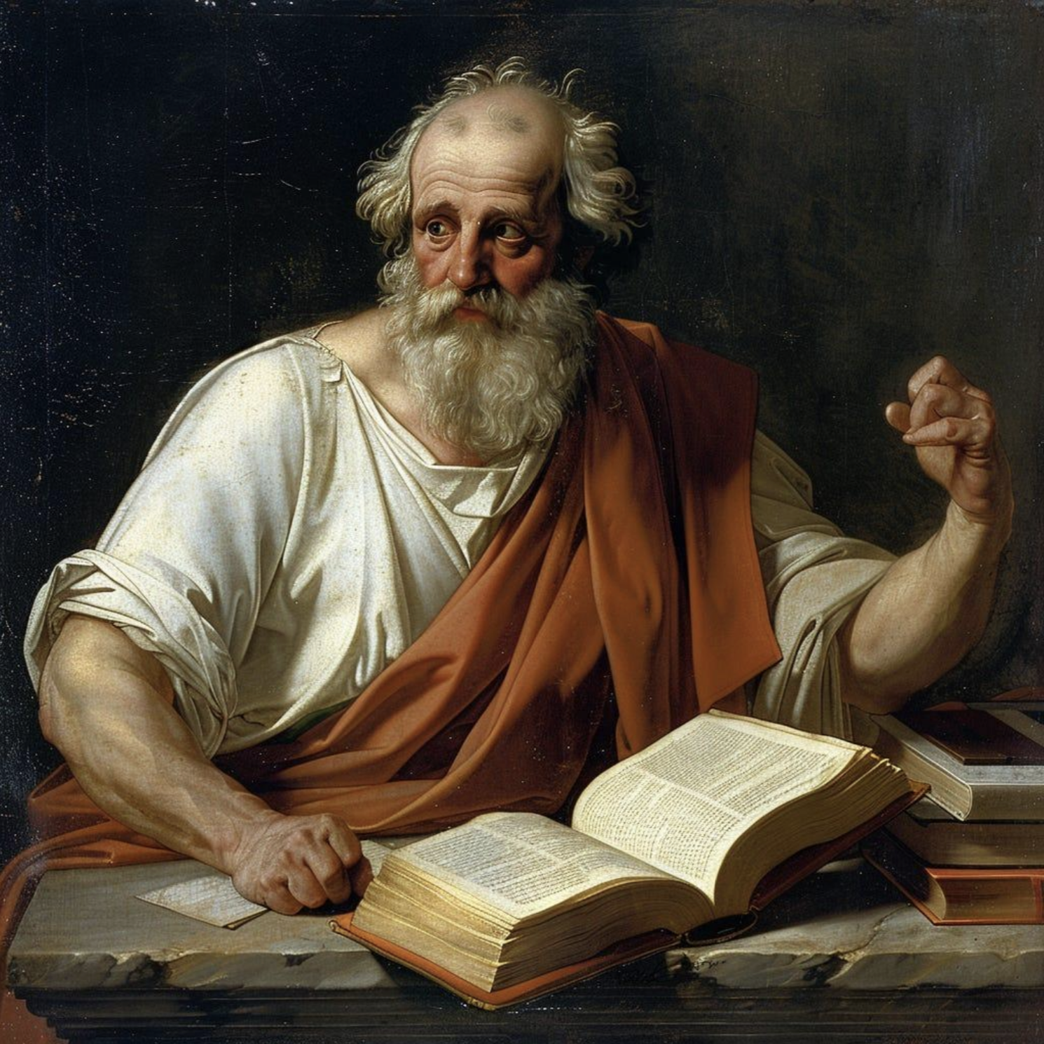 Portrait of a bearded philosopher sitting at a desk. A book is open but he’s looking to the side instead.