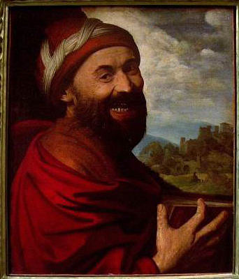 A painting of Democritus, laughing as he turns to the viewer.