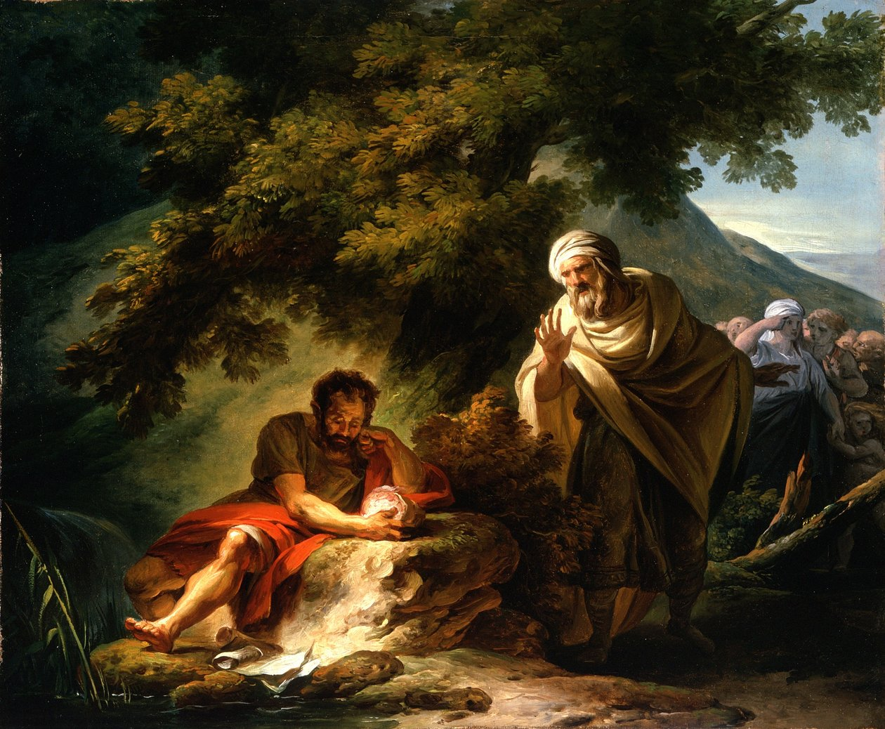 Painting showing Democritus outside, leaning against a crag of rock as he cradles a glowing sphere (the atom?) and ponders it. There are people looking on in astonishment.